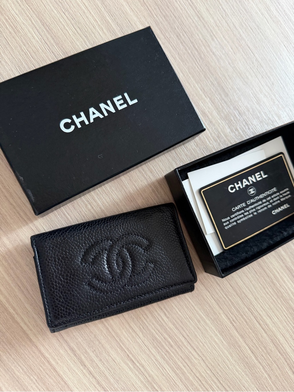 CHANEL Black Embossed CC Caviar Leather Card & Key Holder